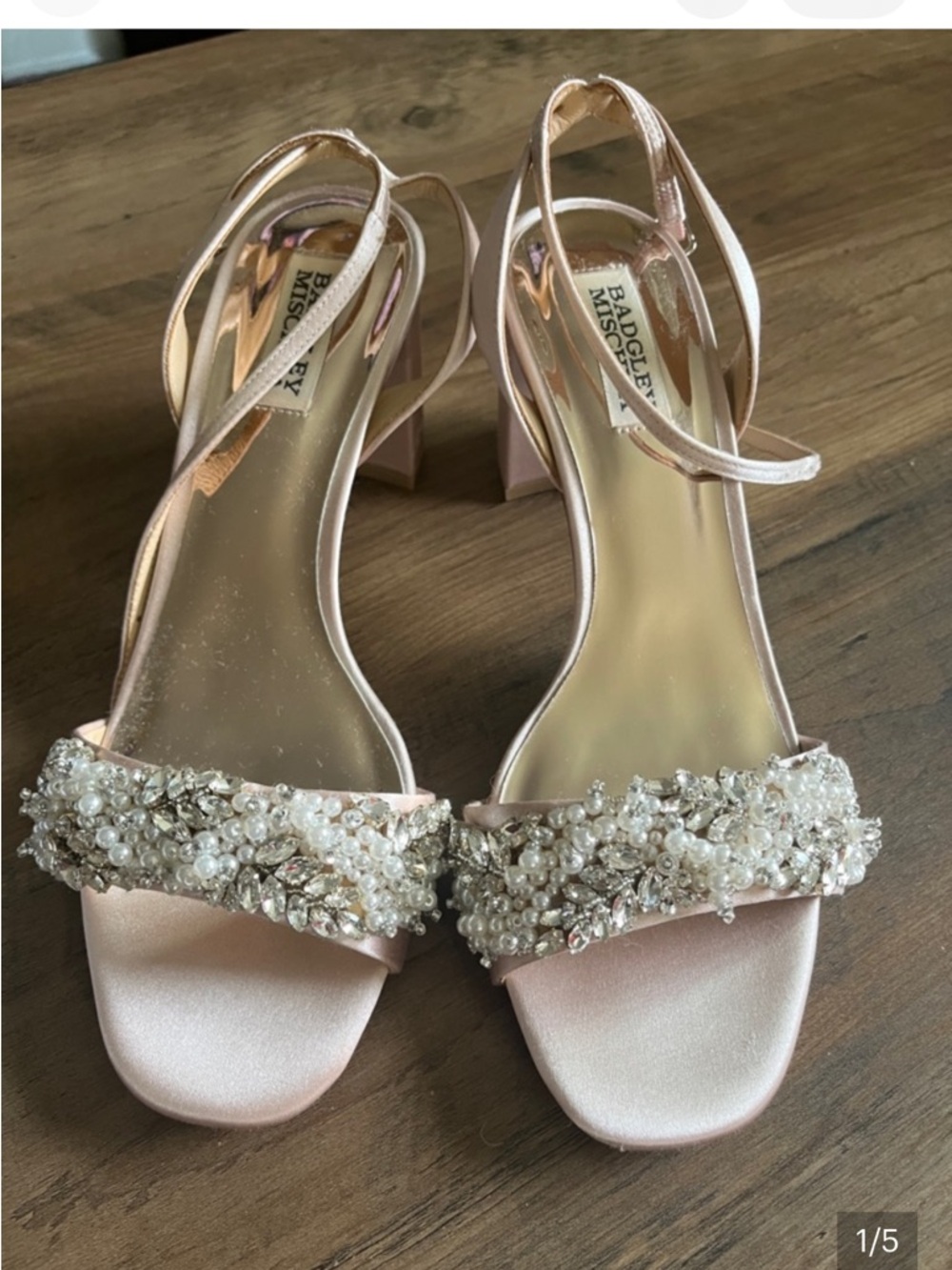 Badgley Mischka Blush Pearl & Crystal Block Heel Sandals with Dust Bag